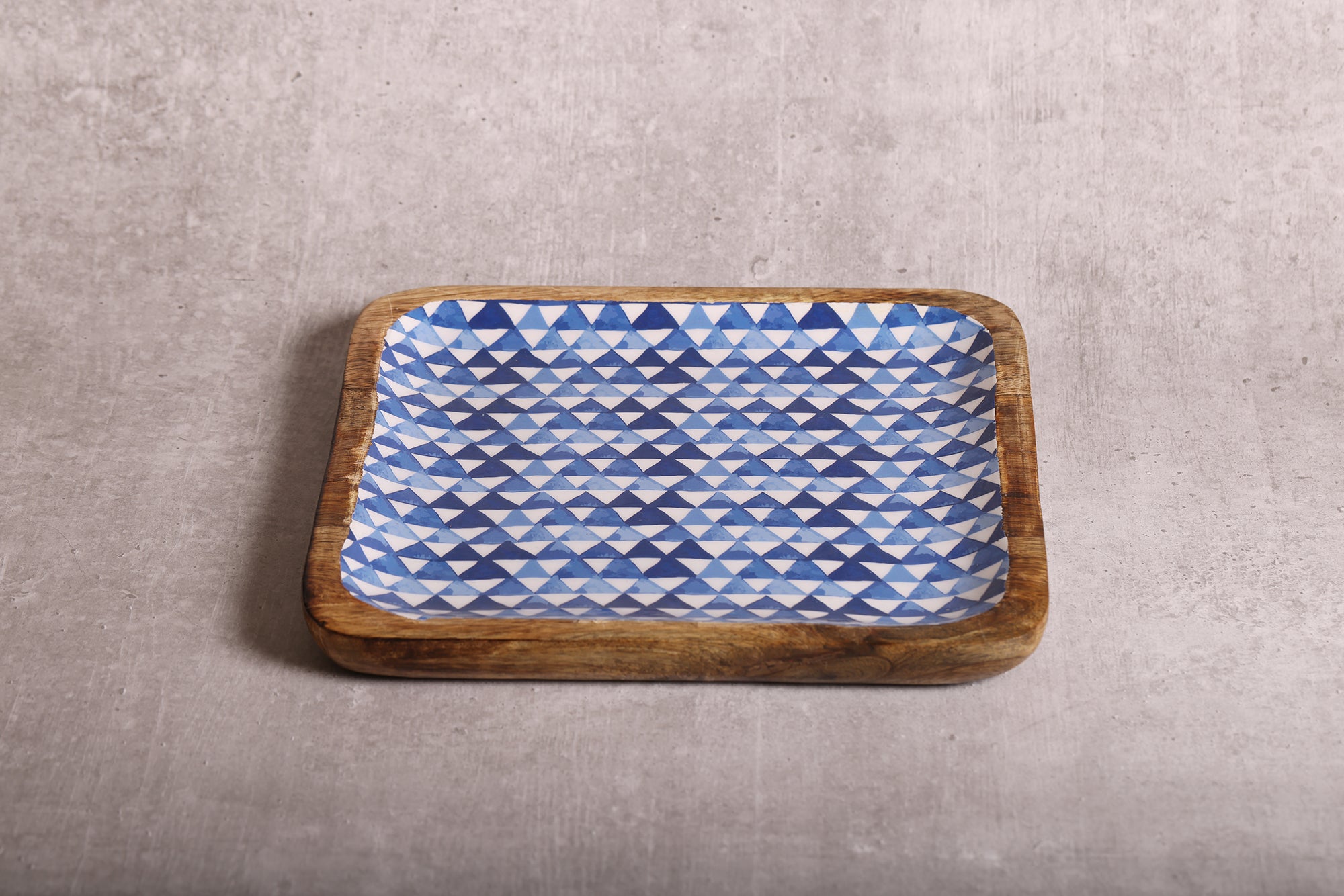 Triangle Maze Blue Square Mango Wood Platter With Enamel Finish - 10 x 10 inches | Peacoy