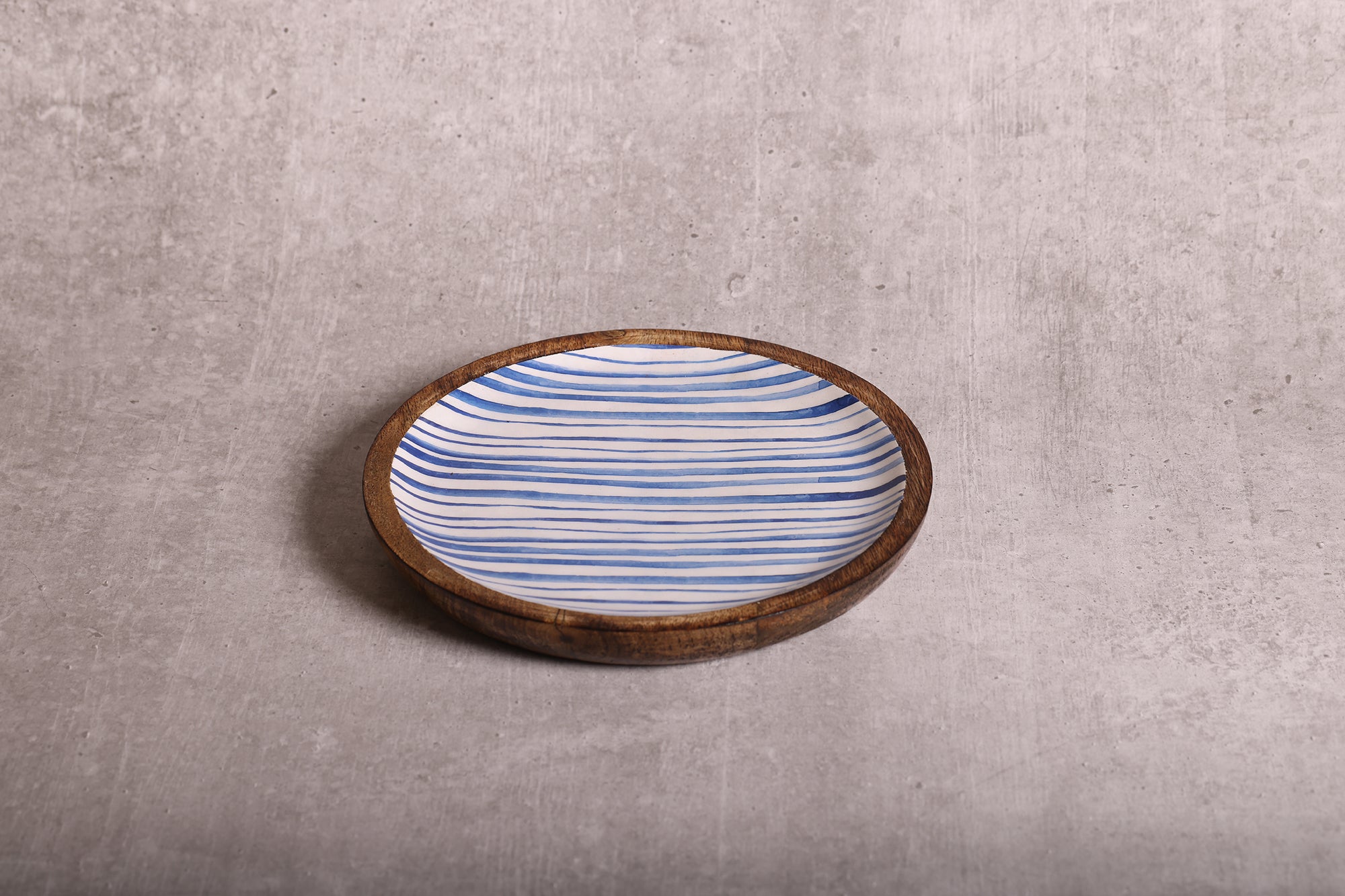 Stripe Love Blue Mango Wood Round Platter With Enamel Finish | Peacoy