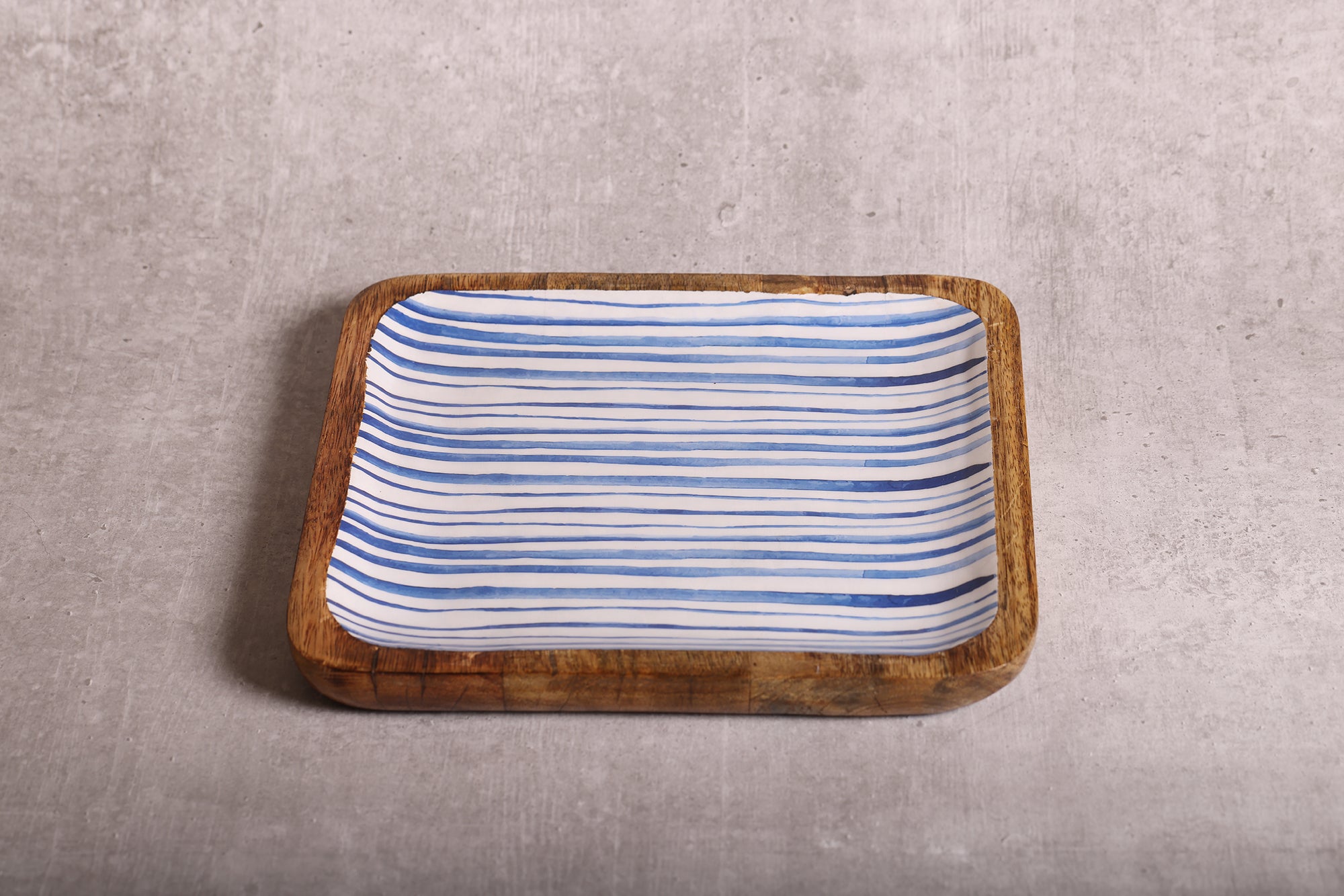 Stripe Love Blue Mango Wood Square Platter With Enamel Finish - 10 x 10 inches | Peacoy