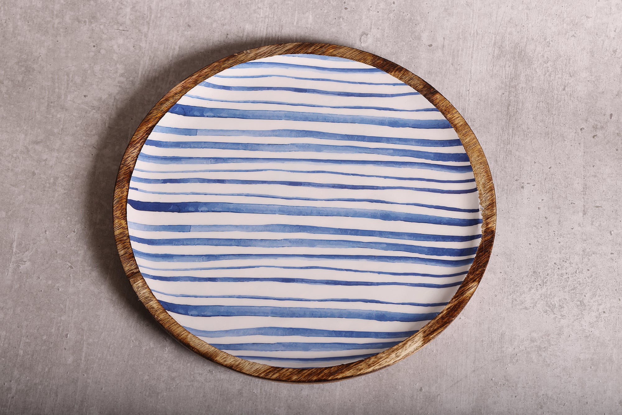 Stripe Love Blue Mango Wood Round Platter With Enamel Finish | Peacoy