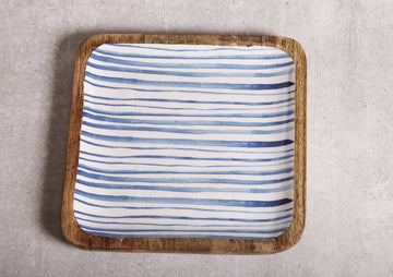 Stripe Love Blue Mango Wood Square Platter With Enamel Finish - 10 x 10 inches | Peacoy