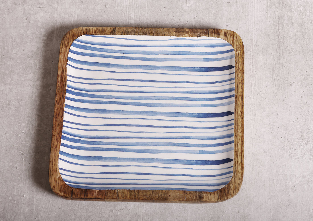 Stripe Love Blue Mango Wood Square Platter With Enamel Finish - 10 x 10 inches | Peacoy