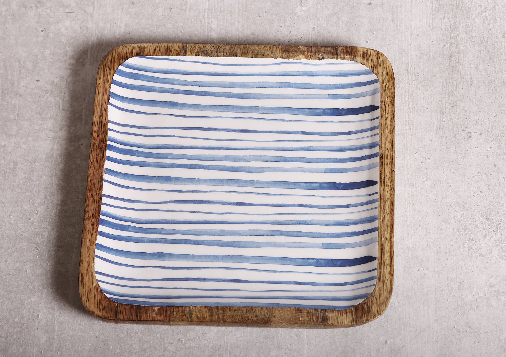 Stripe Love Blue Mango Wood Square Platter With Enamel Finish - 10 x 10 inches | Peacoy