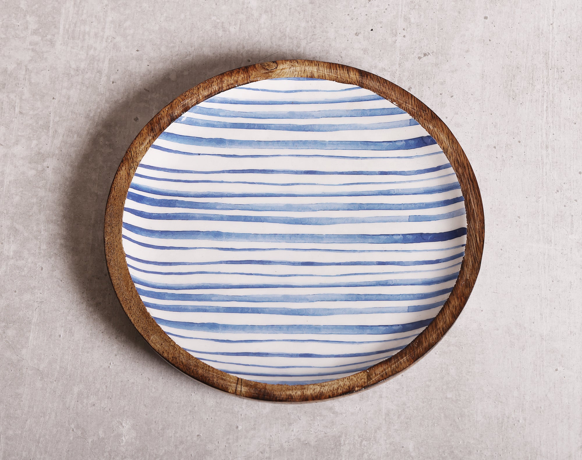 Stripe Love Blue Mango Wood Round Platter With Enamel Finish | Peacoy