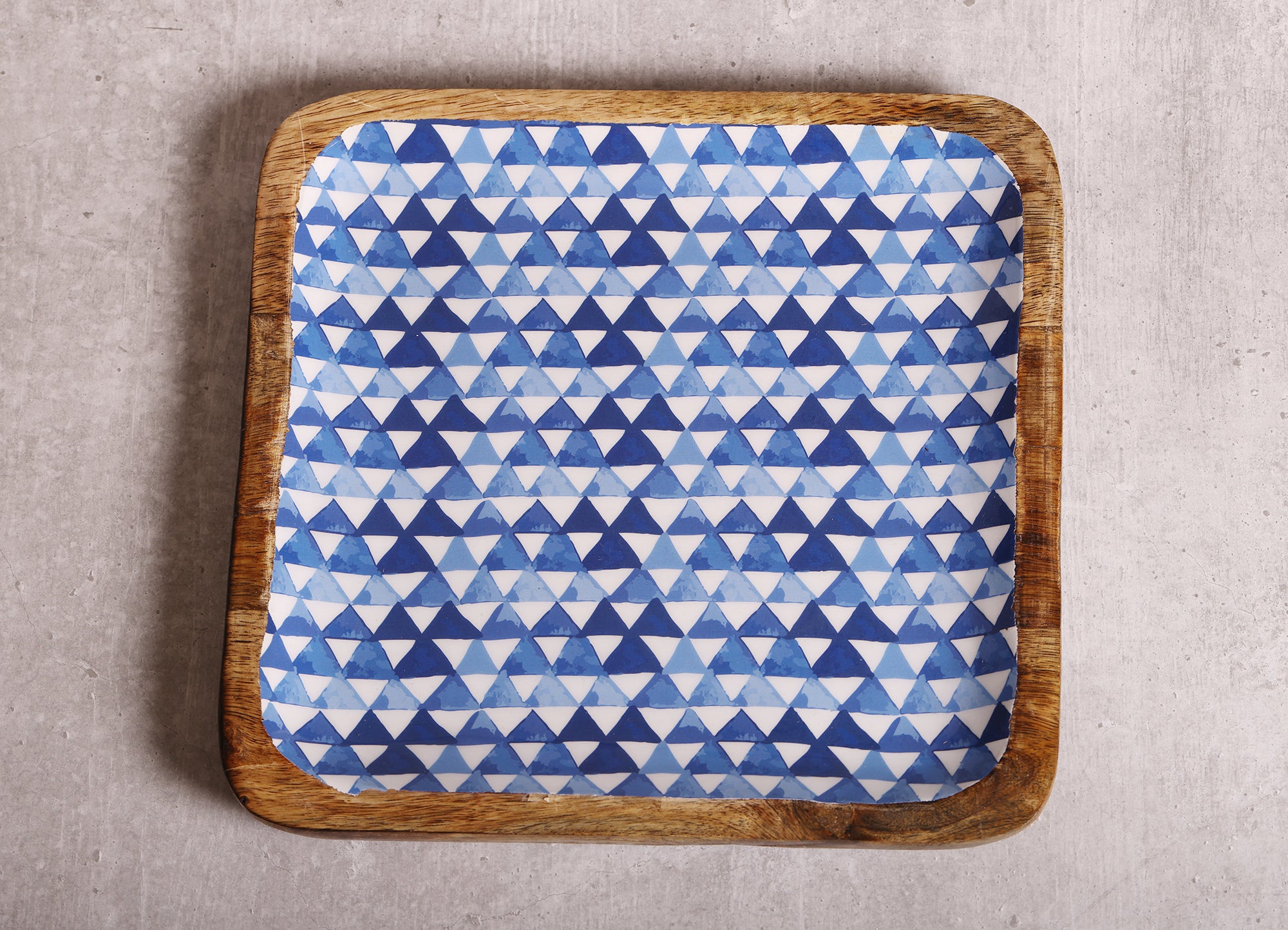 Triangle Maze Blue Square Mango Wood Platter With Enamel Finish - 10 x 10 inches | Peacoy