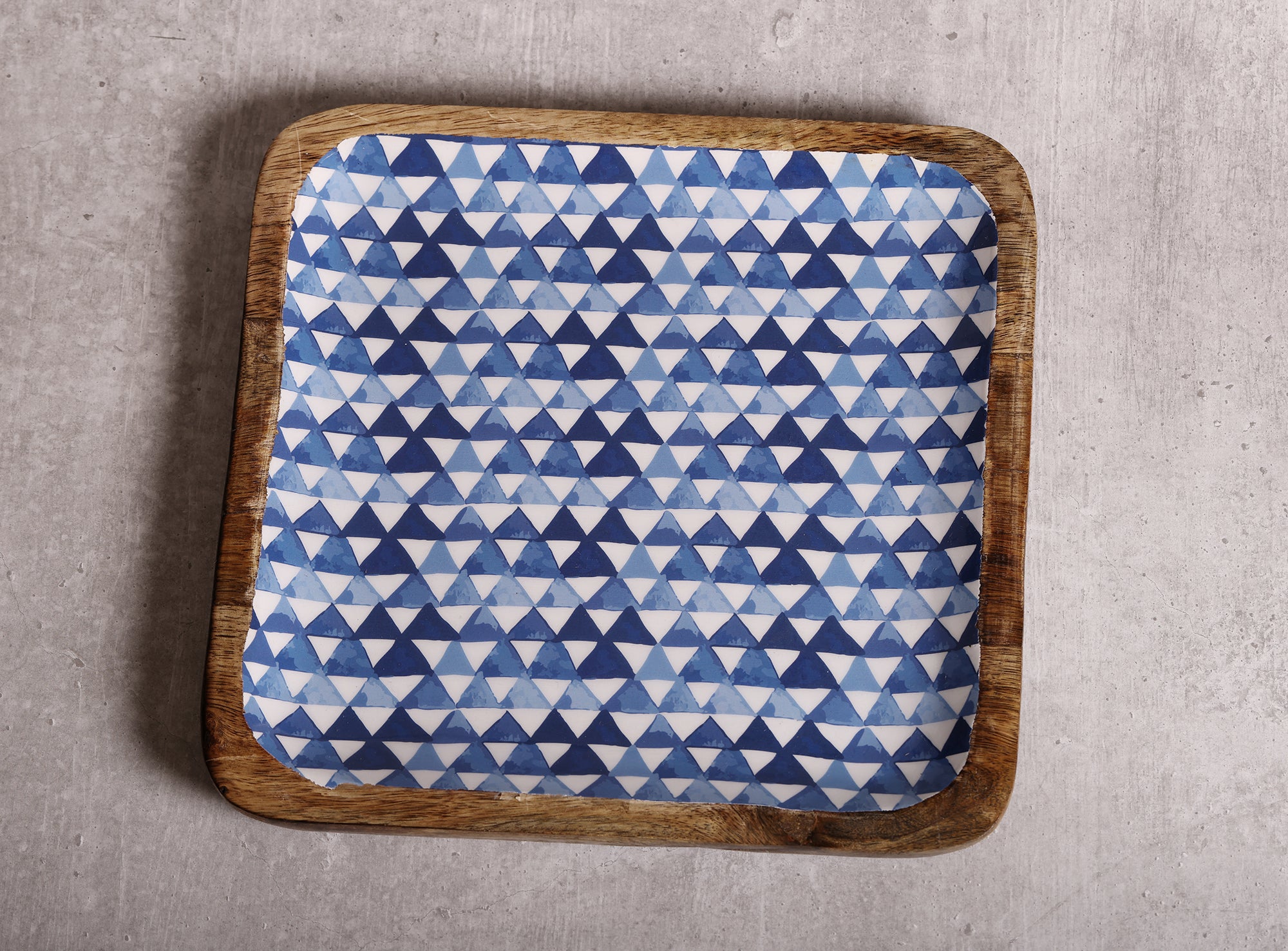 Triangle Maze Blue Square Mango Wood Platter With Enamel Finish - 10 x 10 inches | Peacoy