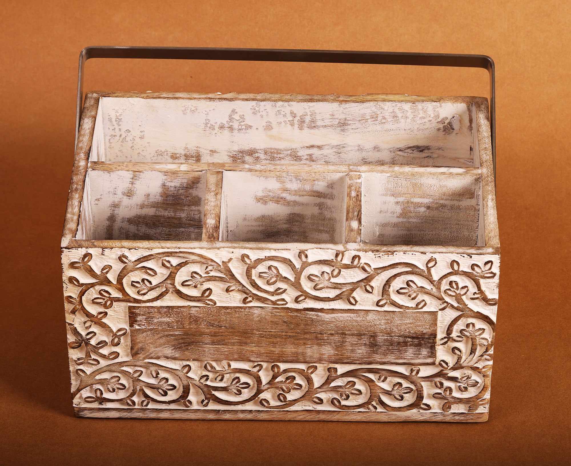 Mango Wood Artistic Handcrafted Multi Purpose Organizer - 12 x 8 x 6 inches | Peacoy