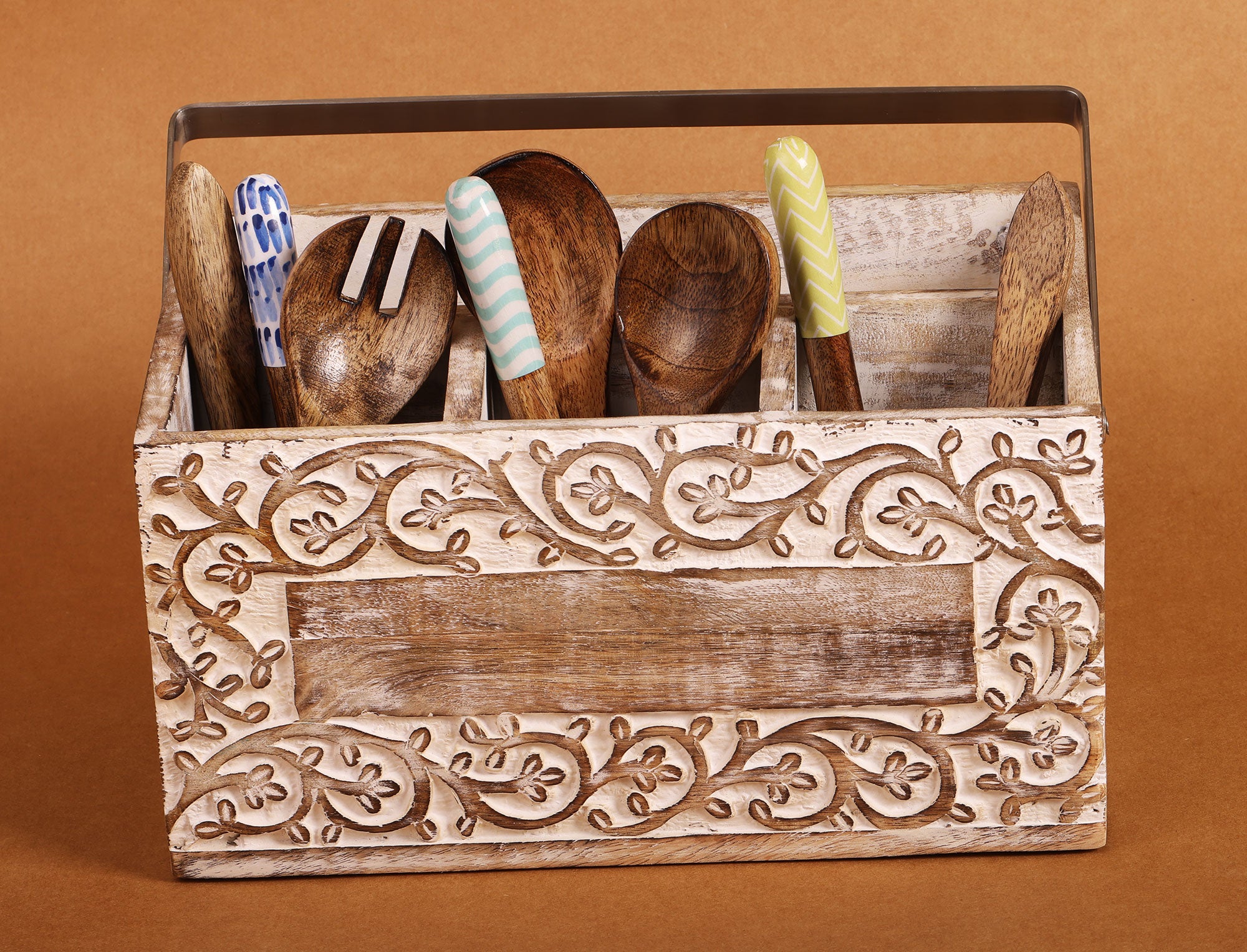 Mango Wood Artistic Handcrafted Multi Purpose Organizer - 12 x 8 x 6 inches | Peacoy