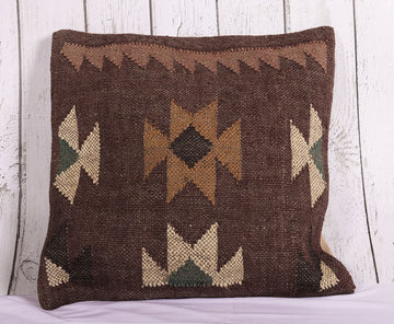 Classic Brown Jute Kilim Cushion Cover - 18 x 18 inches | Peacoy