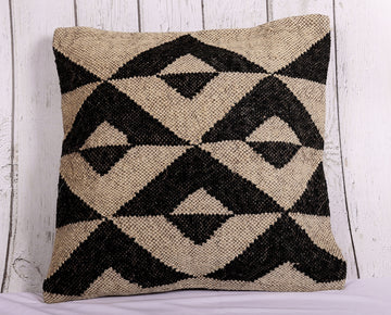 Iconic Beige & Black Jute Kilim Cushion Cover - 18 x 18 inches | Peacoy