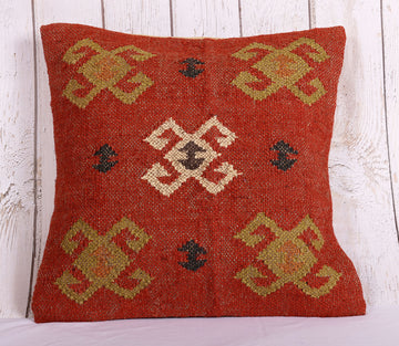 Classic Red Jute Kilim Cushion Cover - 18 x 18 inches | Peacoy