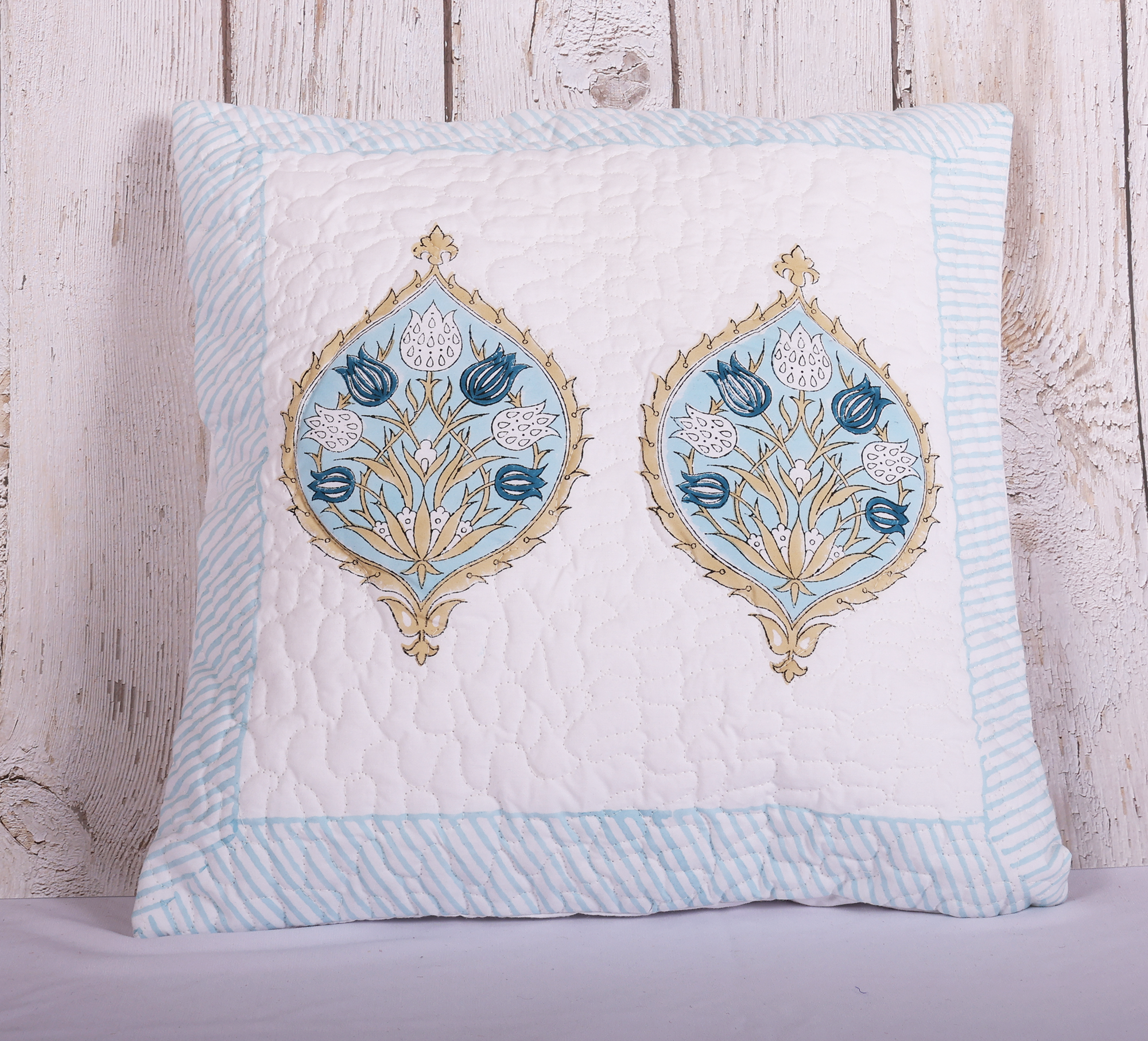 Soothing Florals Blue & White Block Printed Canvas Quilted 100% Cotton Cushion Cover - 16 x 16 inches