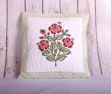Flower Blossom Pink & White Block Printed Canvas Quilted 100% Cotton Cushion Cover - 16 x 16 inches