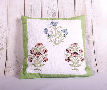 Bloom Season Multicolor Block Print Quilted 100% Cotton Cushion Cover - 16 x 16 inches | Peacoy
