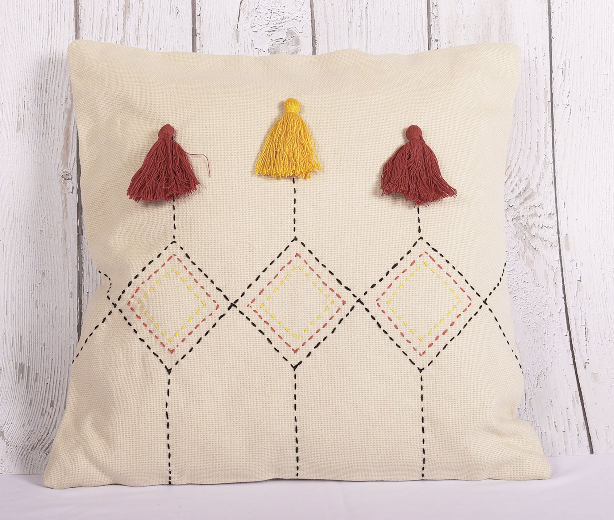 Elegant Kantha Tassels Beige 100 % Cotton Cushion Cover - 16 x 16 inches | Peacoy