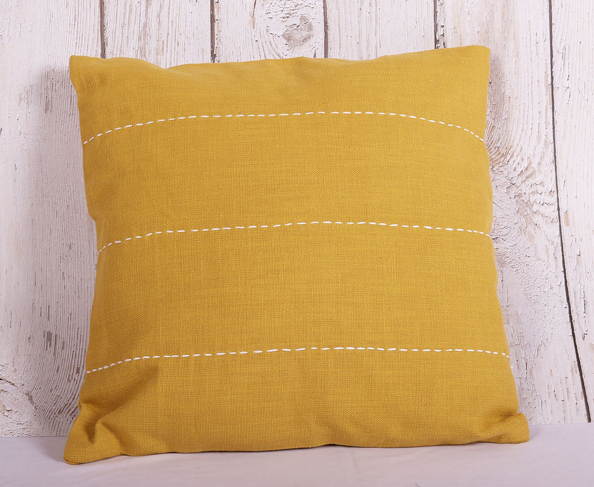 Kantha Lines Yellow 100 % Cotton Cushion Cover - 16 x 16 inches | Peacoy