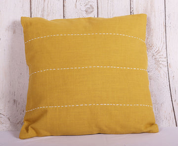 Kantha Lines Yellow 100 % Cotton Cushion Cover - 16 x 16 inches | Peacoy
