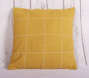 Kantha Sqaures Yellow 100 % Cotton Cushion Cover - 16 x 16 inches | Peacoy