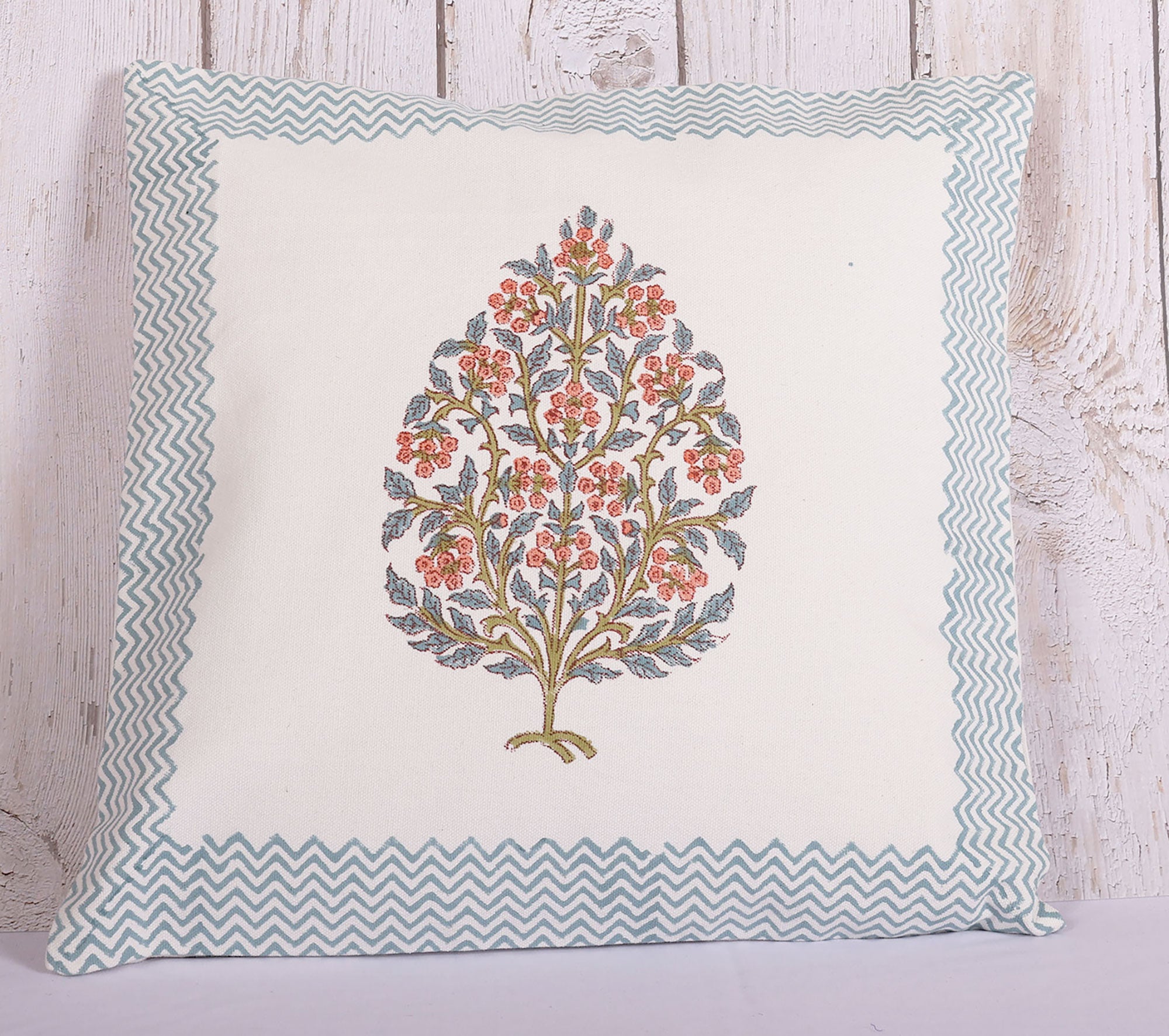 White & Blue Sweet Canvas Block Printed 100 % Cotton Cushion Cover - 16x16 inches