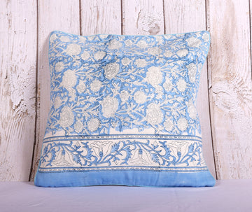Blue Wildflower Hand Block Printed 100% Slub Cotton Cushion Cover - 16 x 16 inches | Peacoy