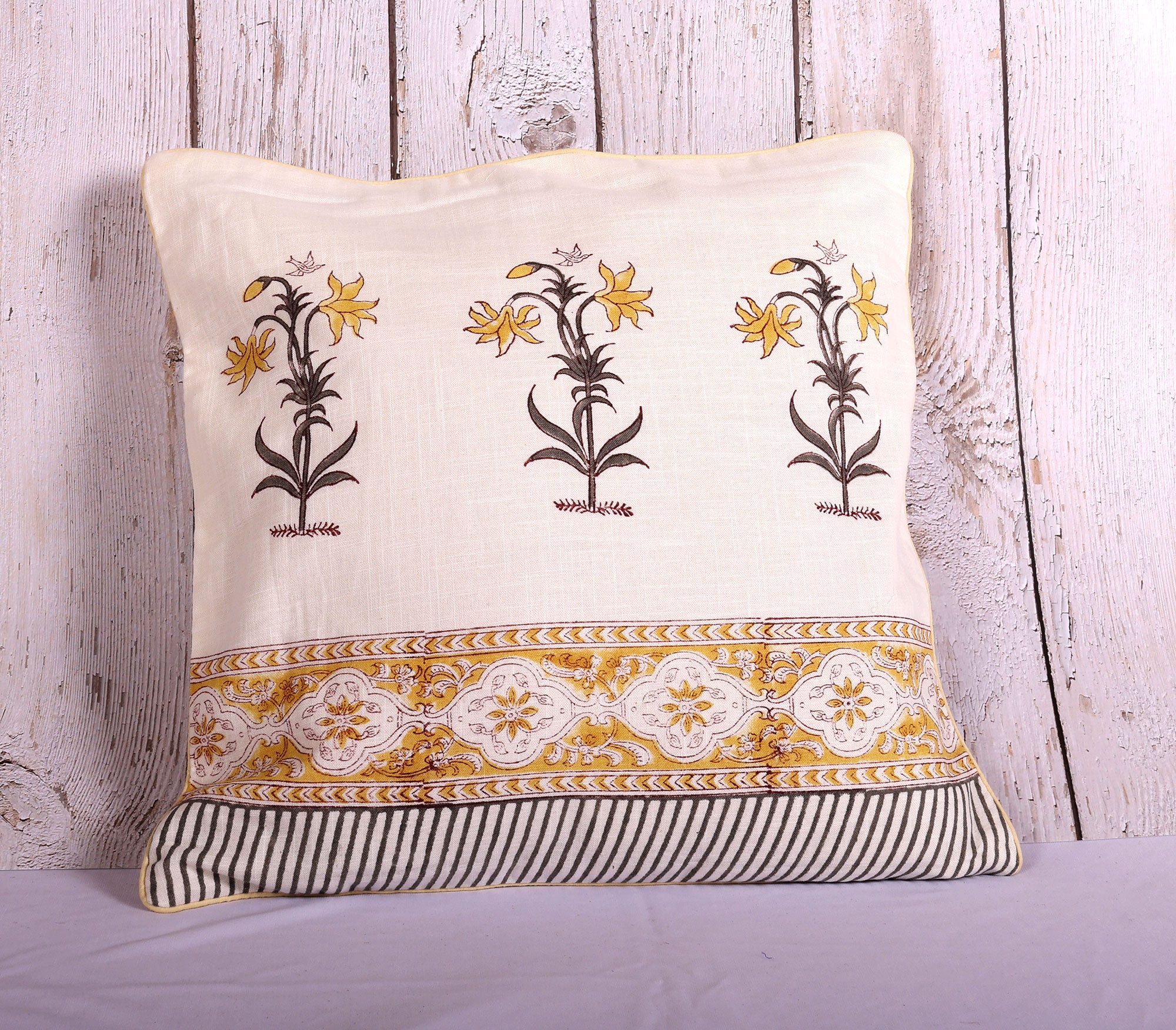 Sweet Floral Yellow Hand Block Printed 100% Slub Cotton Cushion Cover - 16 x 16 inches | Peacoy