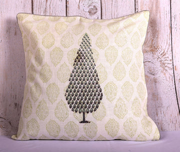 Tree Motif Hand Block Printed Cream 100% Slub Cotton Cushion Cover - 16 x 16 inches | Peacoy