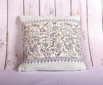 Flower Ecstasy Grey & Green Hand Block Printed 100% Slub Cotton Cushion Cover - 16 x 16 inches | Peacoy