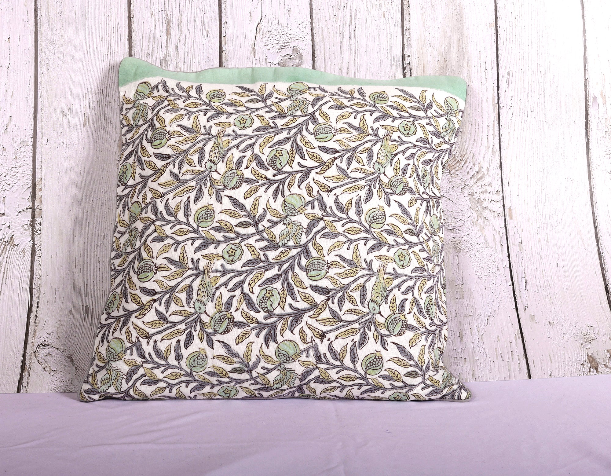 Tree Tales Green & Brown Hand Block Printed 100% Slub Cotton Cushion Cover - 16 x 16 inches | Peacoy