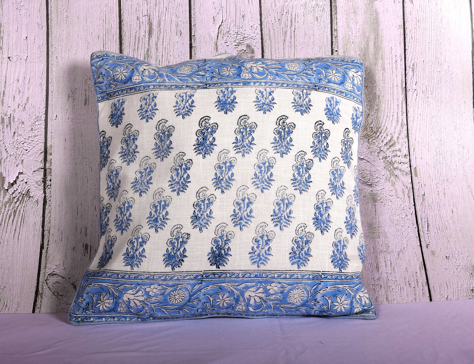 Traditional Motifs Blue Hand Block Printed 100% Slub Cotton Cushion Cover - 16 x 16 inches | Peacoy