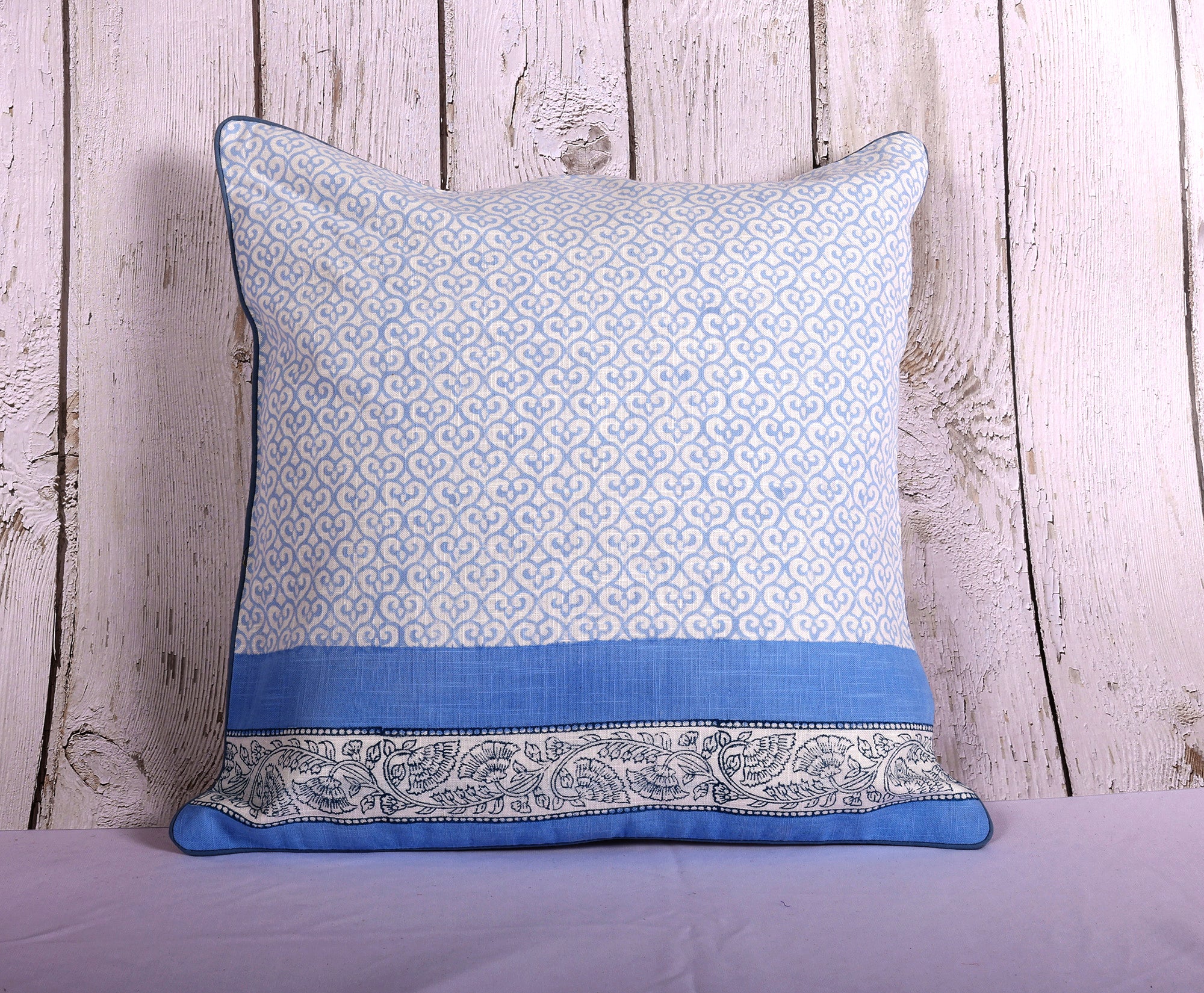 Sweetheart Blue Hand Block Printed 100% Slub Cotton Cushion Cover - 16 x 16 inches | Peacoy