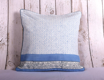 Sweetheart Blue Hand Block Printed 100% Slub Cotton Cushion Cover - 16 x 16 inches | Peacoy