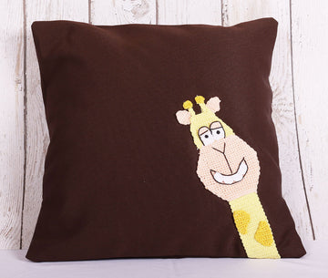 Smiling Giraffe Brown Crochet Cushion Cover - 16 x 16 inches | Peacoy