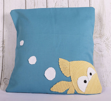 Quirky Fish Blue Crochet Cushion Cover - 16 x 16 inches | Peacoy