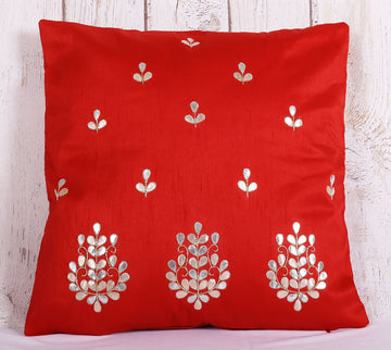 Red Gotta Patti Art Silk Cushion Cover - 16 x 16 inches | Peacoy