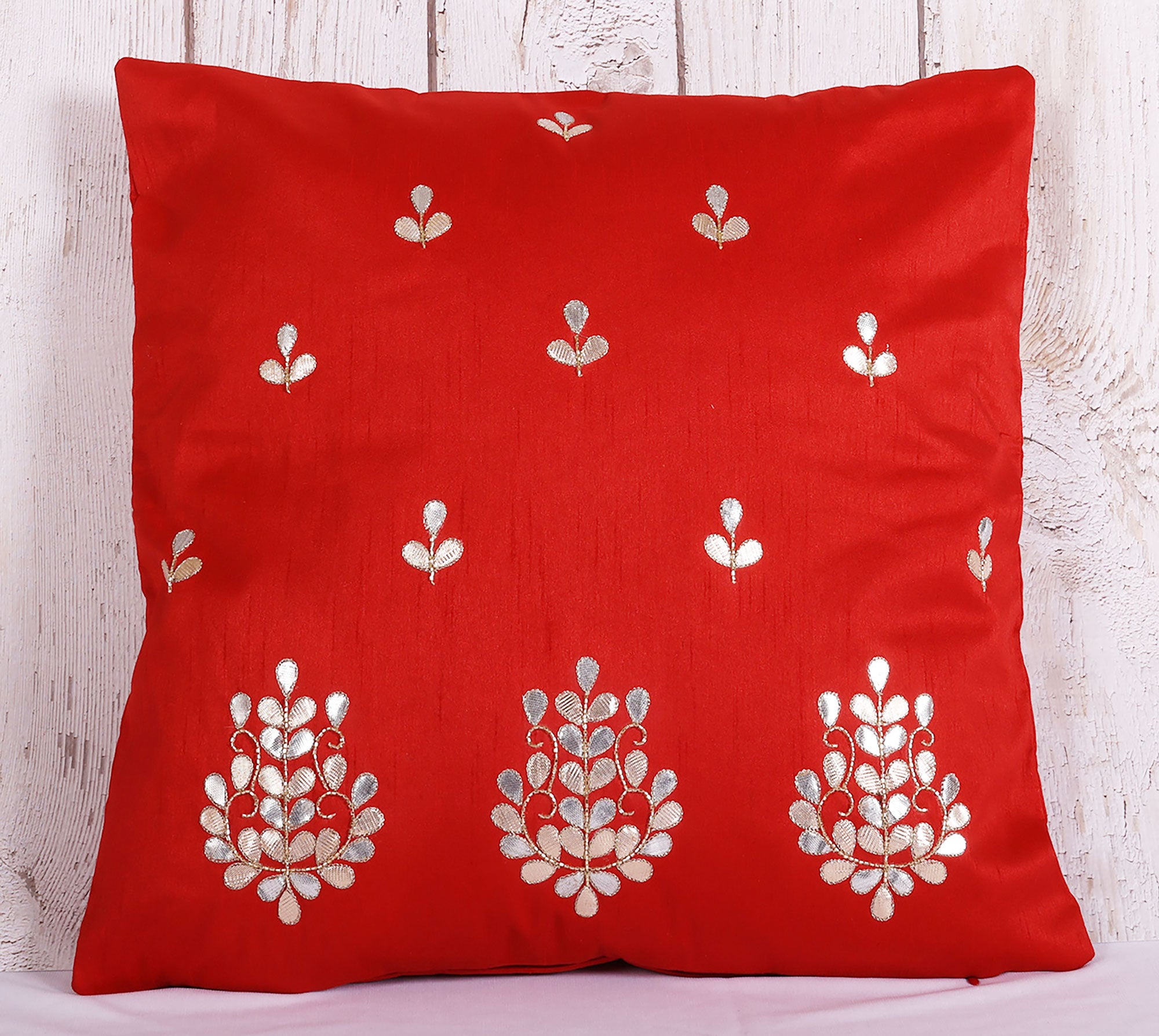 Red Gotta Patti Art Silk Cushion Cover - 16 x 16 inches | Peacoy