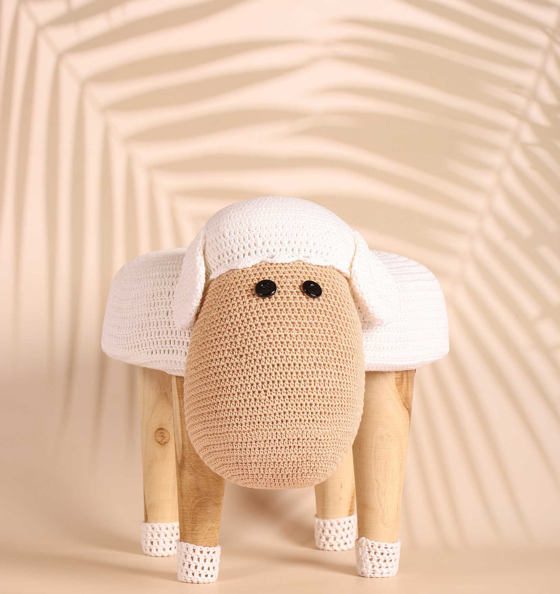 Sheep Shaped Sangwan Wood Stool For Kids - Crochet - 10 x 9 inches | Peacoy