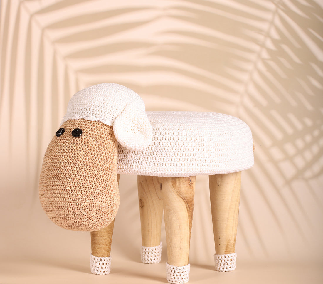 Sheep Shaped Sangwan Wood Stool For Kids - Crochet - 10 x 9 inches | Peacoy