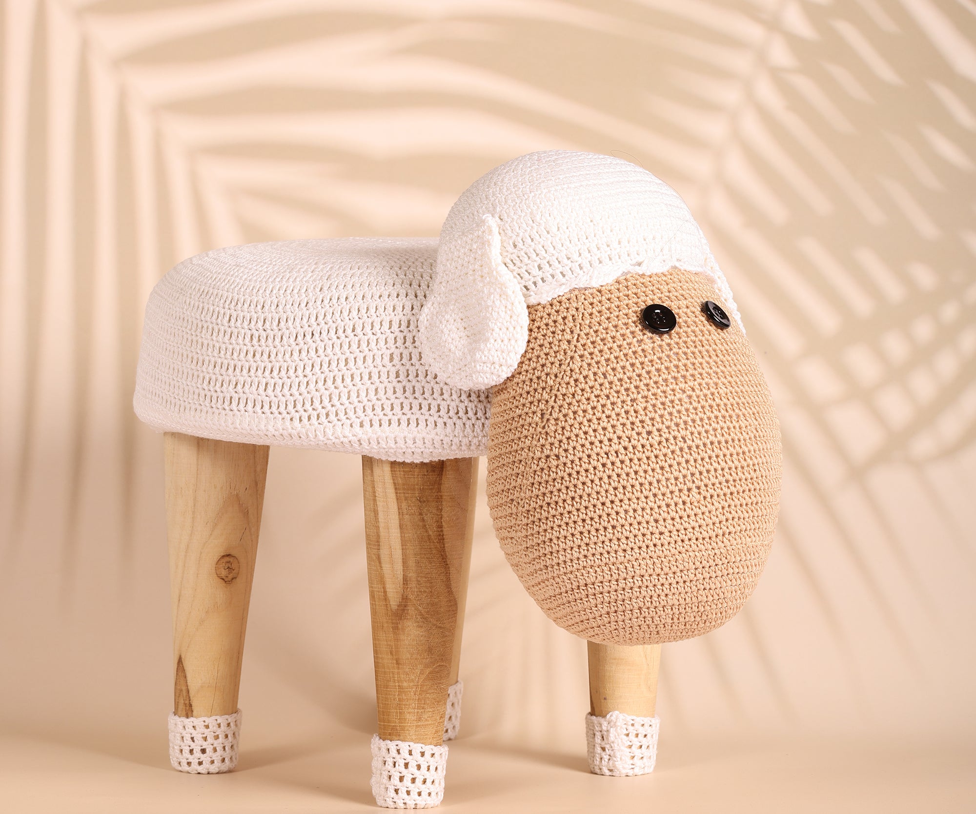 Sheep Shaped Sangwan Wood Stool For Kids - Crochet - 10 x 9 inches | Peacoy