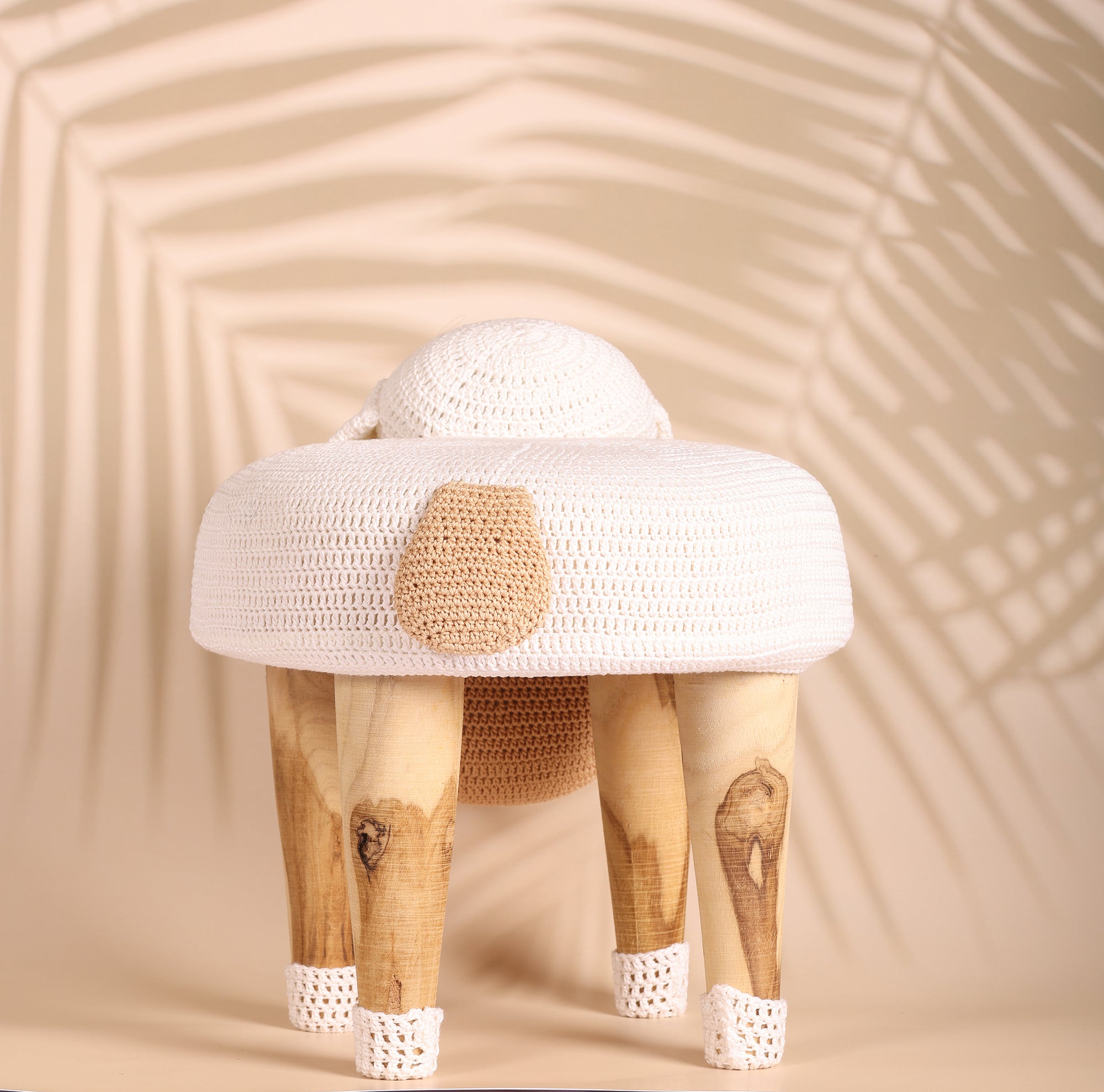 Sheep Shaped Sangwan Wood Stool For Kids - Crochet - 10 x 9 inches | Peacoy