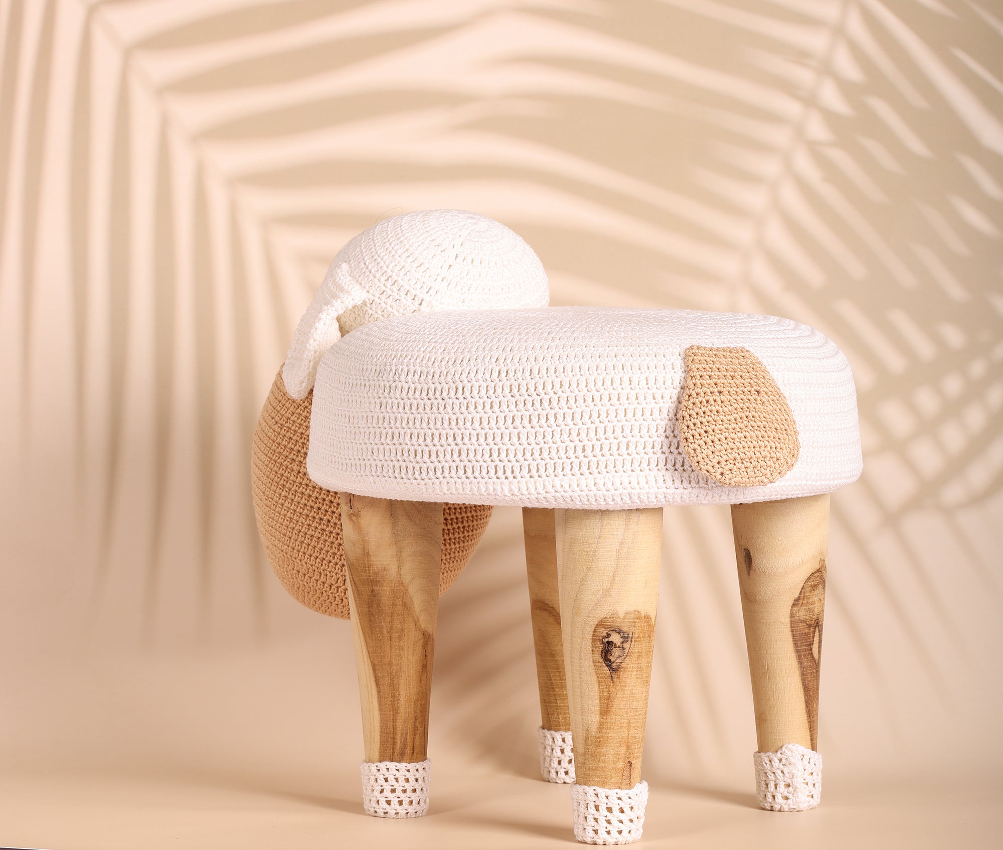 Sheep Shaped Sangwan Wood Stool For Kids - Crochet - 10 x 9 inches | Peacoy