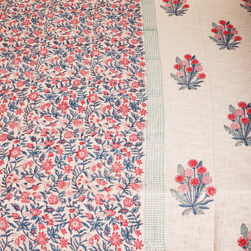 Blooming Florals Pink & Blue Block Printed 100 % Cotton Double Bedsheet Set With 2 Pillow Covers - 100 inches x 108 inches