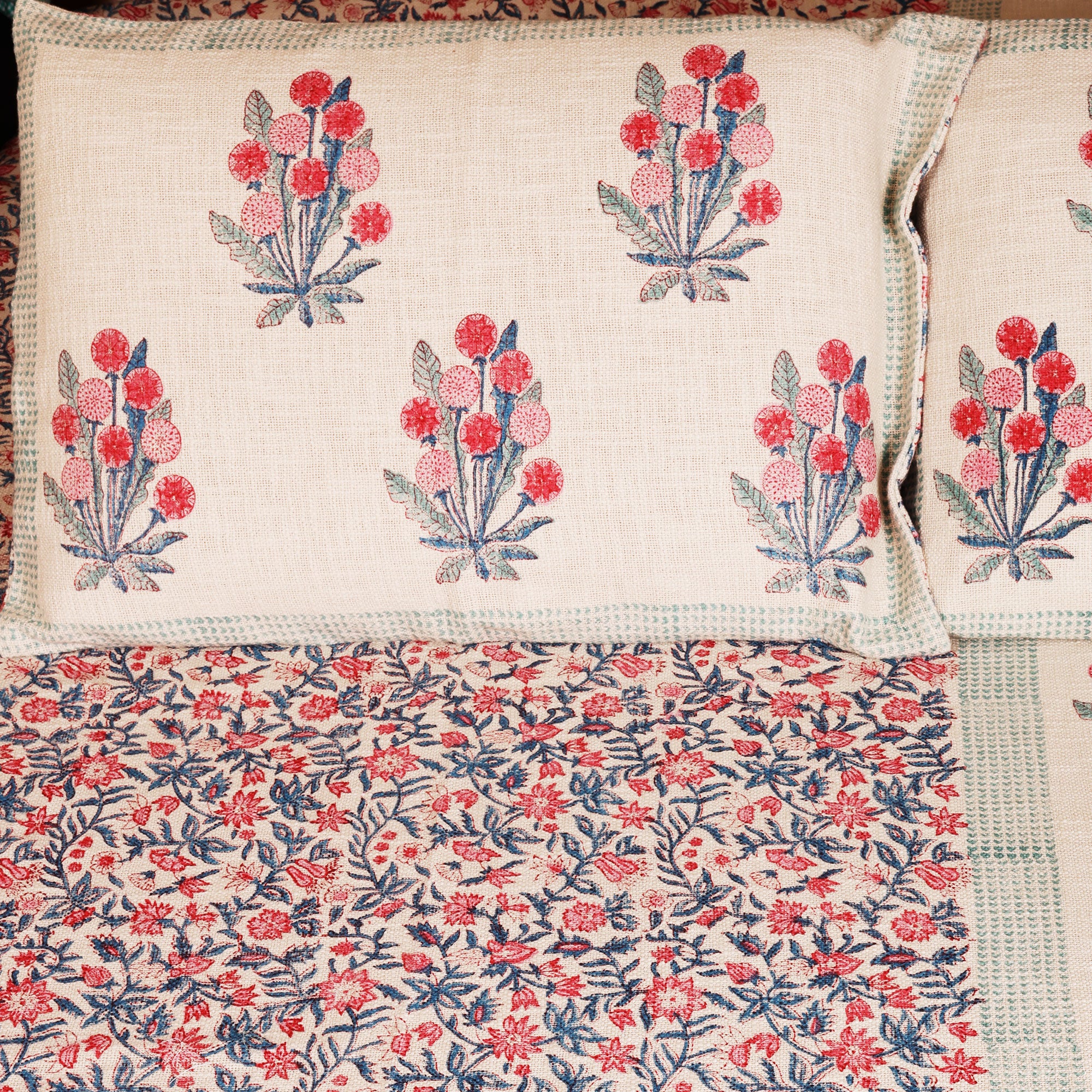 Blooming Florals Pink & Blue Block Printed 100 % Cotton Double Bedsheet Set With 2 Pillow Covers - 100 inches x 108 inches