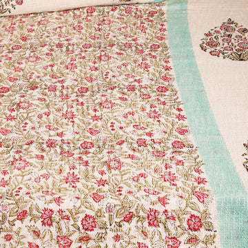 Sweet Flowers Blue & Pink Block Printed 100 % Cotton Double Bed Cover Set With 2 Pillow Covers - 100 inches x 108 inches