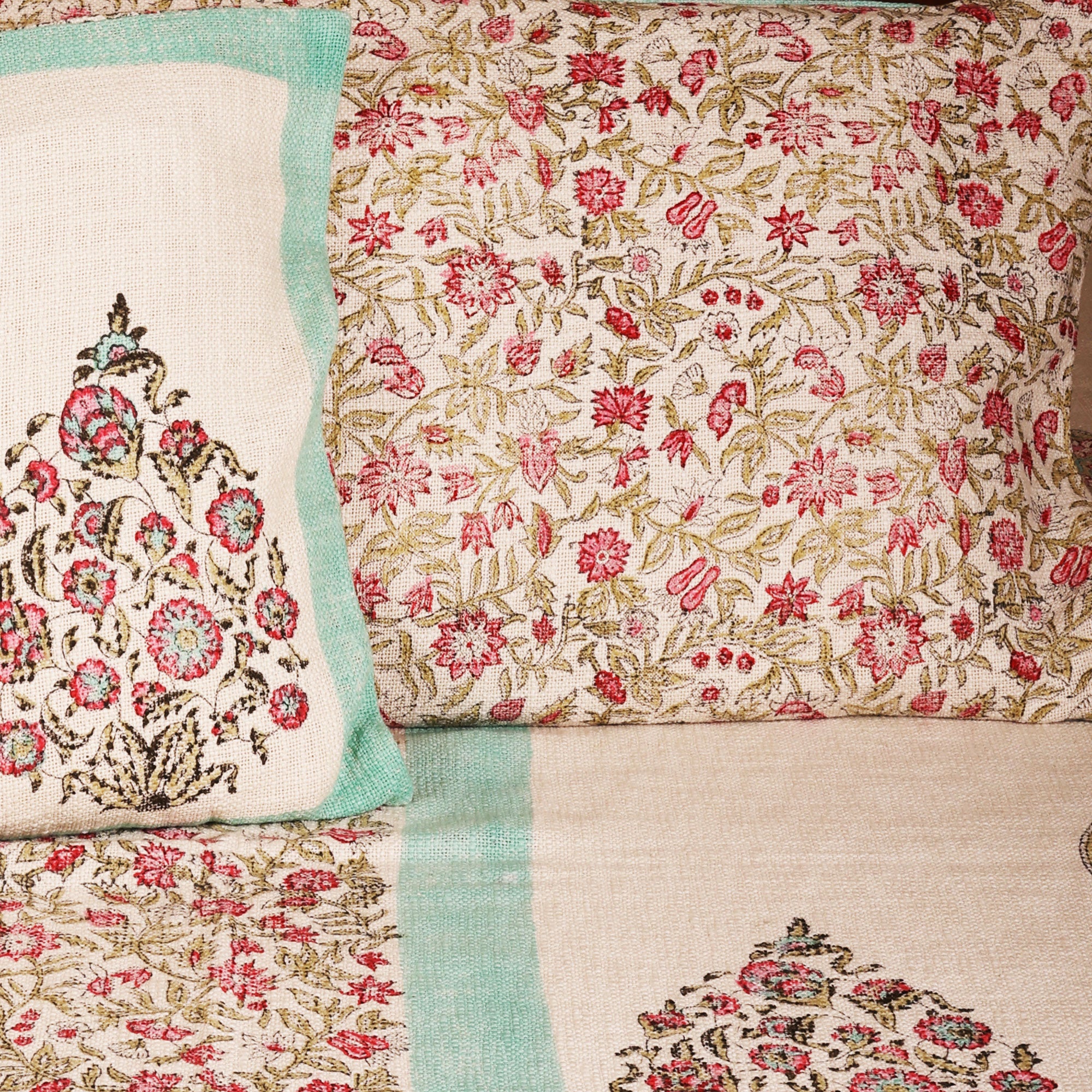 Sweet Flowers Blue & Pink Block Printed 100 % Cotton Double Bed Cover Set With 2 Pillow Covers - 100 inches x 108 inches