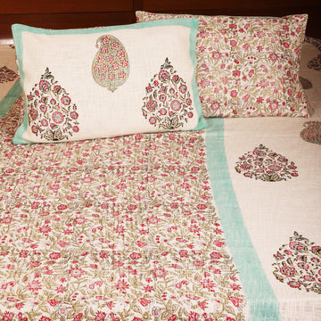 Sweet Flowers Blue & Pink Block Printed 100 % Cotton Double Bed Cover Set With 2 Pillow Covers - 100 inches x 108 inches