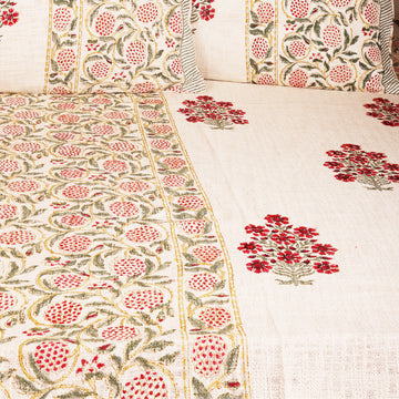 Lovely Red Florals Block Printed 100 % Cotton Double Bed Cover Set With 2 Pillow Covers  - 100 inches x 108 inches