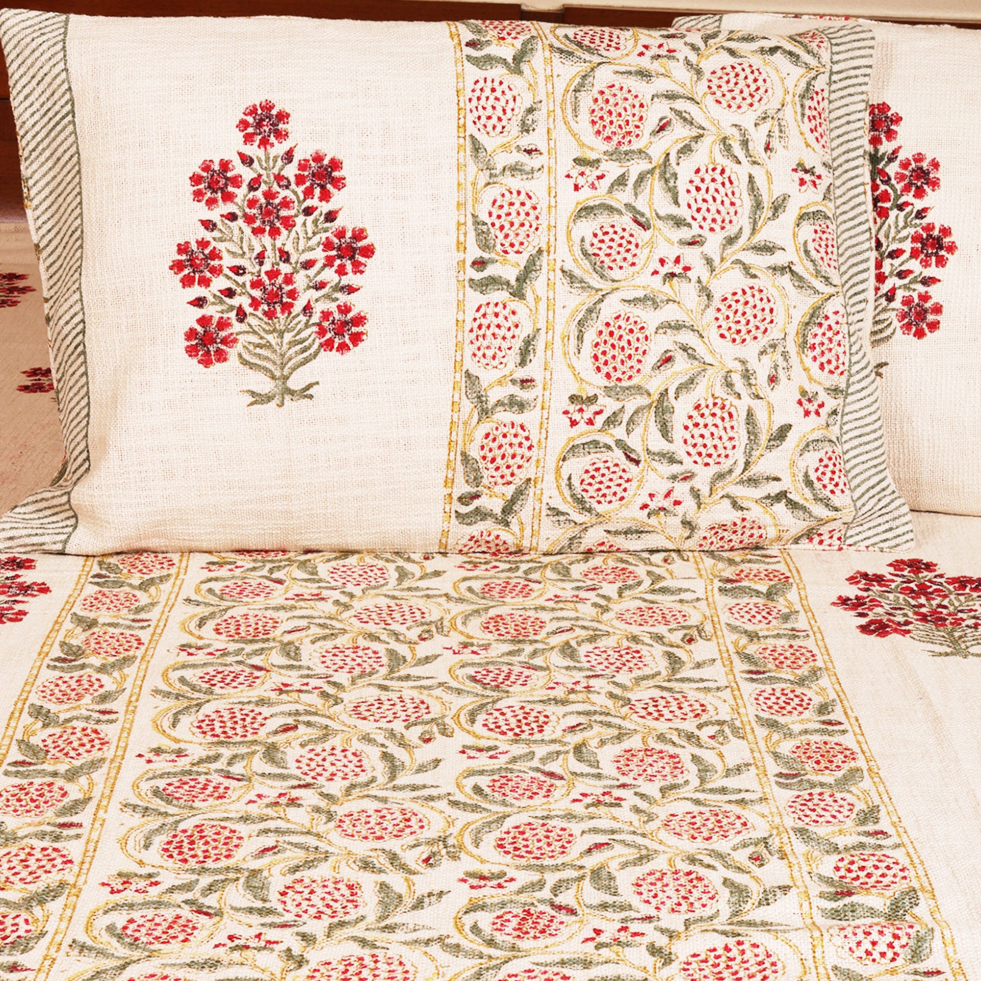Lovely Red Florals Block Printed 100 % Cotton Double Bed Cover Set With 2 Pillow Covers  - 100 inches x 108 inches