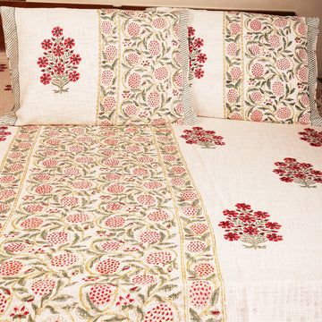 Lovely Red Florals Block Printed 100 % Cotton Double Bed Cover Set With 2 Pillow Covers  - 100 inches x 108 inches