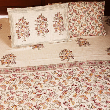 Royal Florals Maroon Block Printed 100 % Cotton Double Bedsheet Set With 2 Pillow Covers (100 inches X 108 inches)