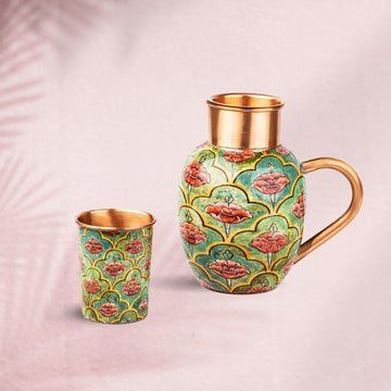 Green & Red Floral 100% Pure Copper Jug with Glass - 1500 ml